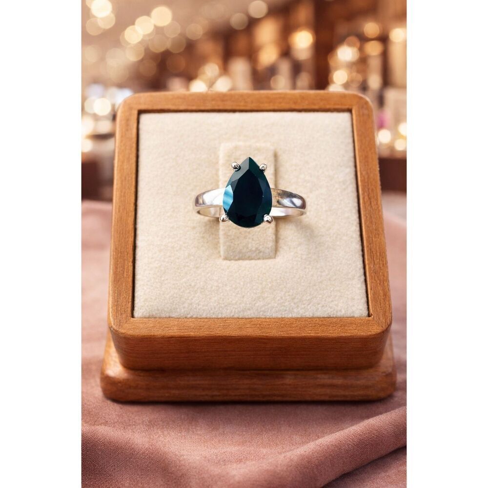 Faceted Pear Shaped Black Onyx Solitaire 925 Sterling Silver Ring Natural Simple